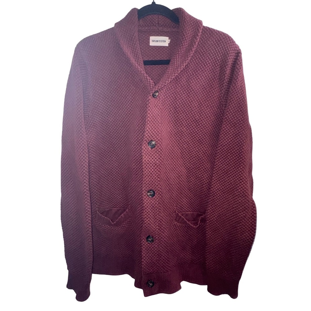 Taylor Stitch Mens Burgundy Organic CottonThe Crawford Waffle Knit Cardigan 42